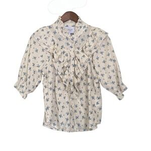 The Shirt by Rochelle Behrens Blouse M cotton Blue Floral Ruffle Puff Sleeve‎